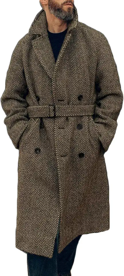 Men's Herringbone Wool Blend Coat Slim Casual Double Breasted Long Overcoat Classic Winter Warm Trench Jackets