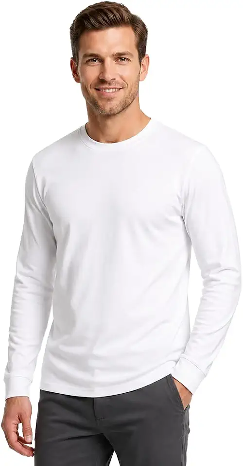 Men's Cotton Long Sleeve T-Shirt, Crew Neck Casual Tee