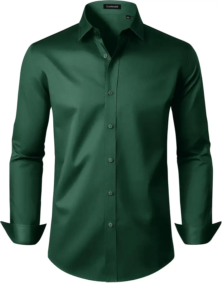 Mens Dress Shirts Long Sleeve Cotton Wrinkle Free Stretch Solid Casual Formal Wedding Business Button Down Shirt