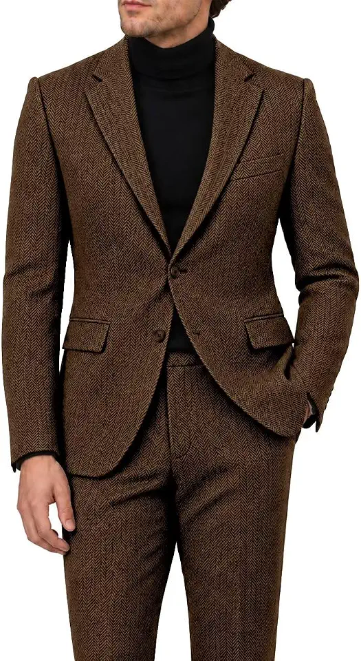 Retro Tweed Herringbone Mens Suit Slim Fit 2 Buttons Suits for Men