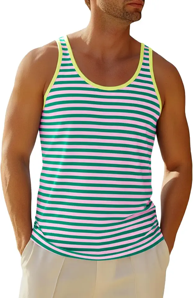 Runcati Mens Workout Tank Tops Casual Striped Sleeveless Muscle Shirts