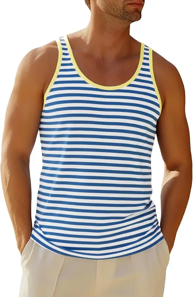 Runcati Mens Workout Tank Tops Casual Striped Sleeveless Muscle Shirts