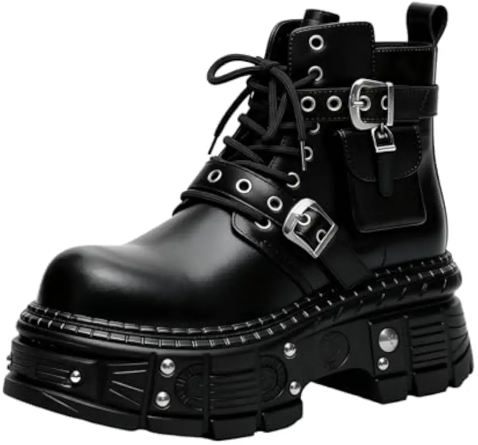 Men’S Leather Platform Locomotive Combat Boots Lace Up Side Zipper Adjustable Buckle Lug Sole Non-Slip Ankle Boots Fashion Punk Motorcycle Boots