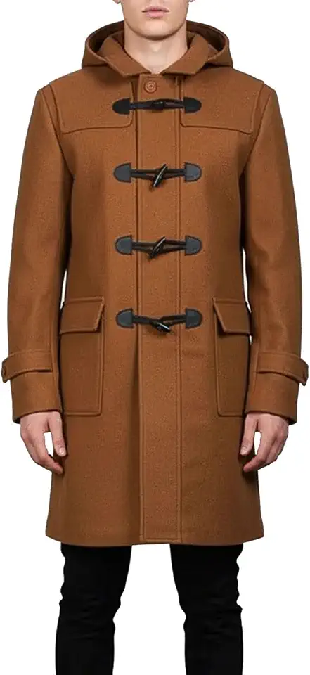 Mens Hooded Wool Duffle Coat, Warm Single Breasted Winter Jacket with Toggle Closure