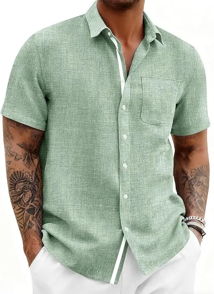 Runcati Mens Linen Shirt Short Sleeve Button Down Shirts
