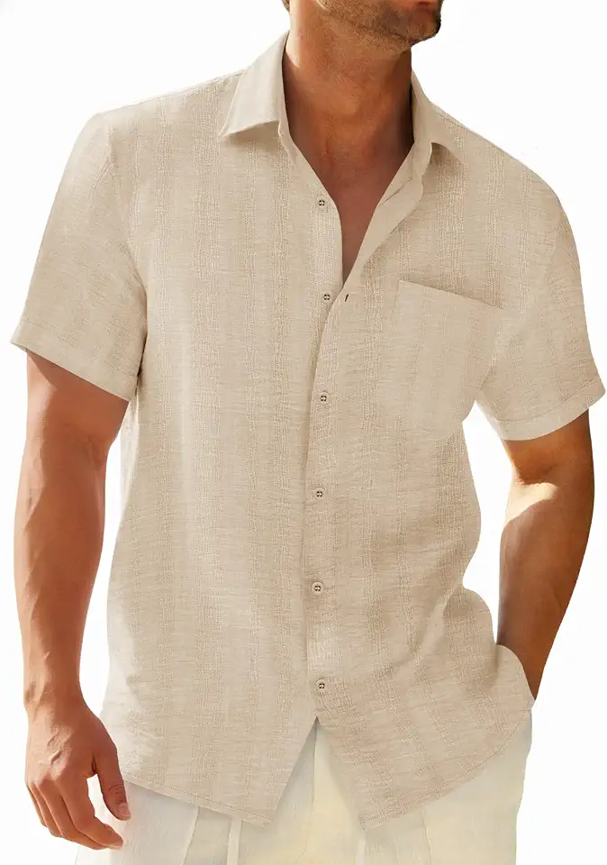 Runcati Mens Button Down Shirts Short Sleeve Textured Linen Shirt Tops