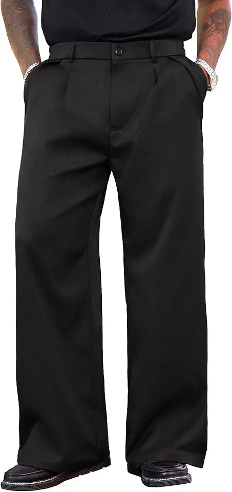 PLEPAN Men's Dress Pants Baggy Pleated Casual Trousers Relaxed Fit Slacks