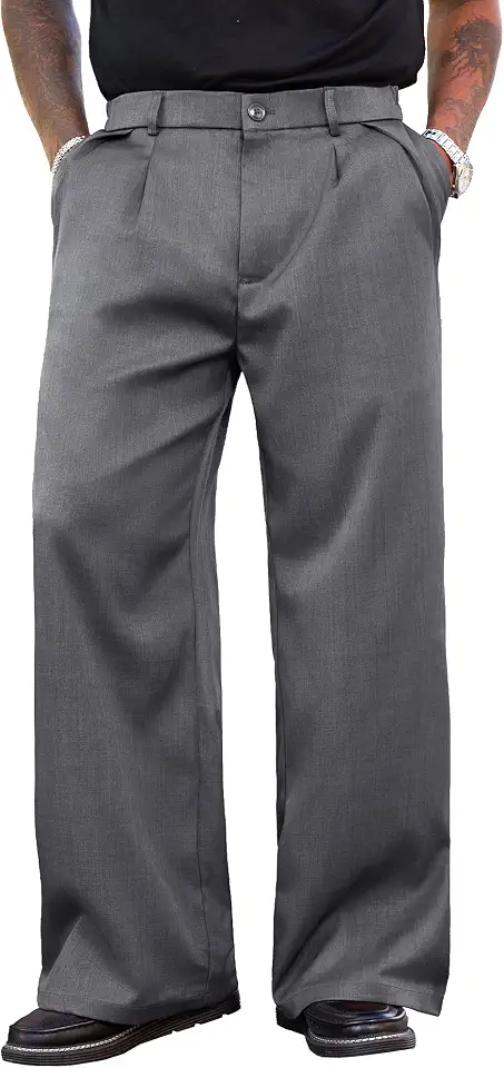 PLEPAN Men's Dress Pants Baggy Pleated Casual Trousers Relaxed Fit Slacks