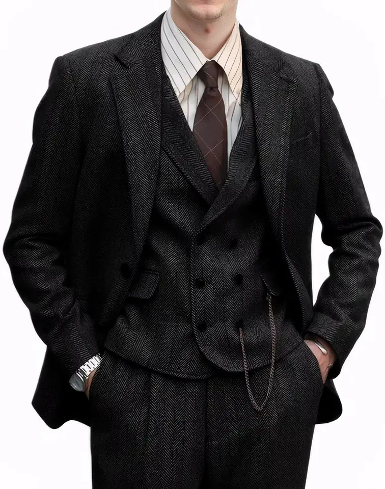 Global Recycled Standard Retro 3 Pieces Men Suit Tweed Herringbone Wedding Prom Tuxedo Men
