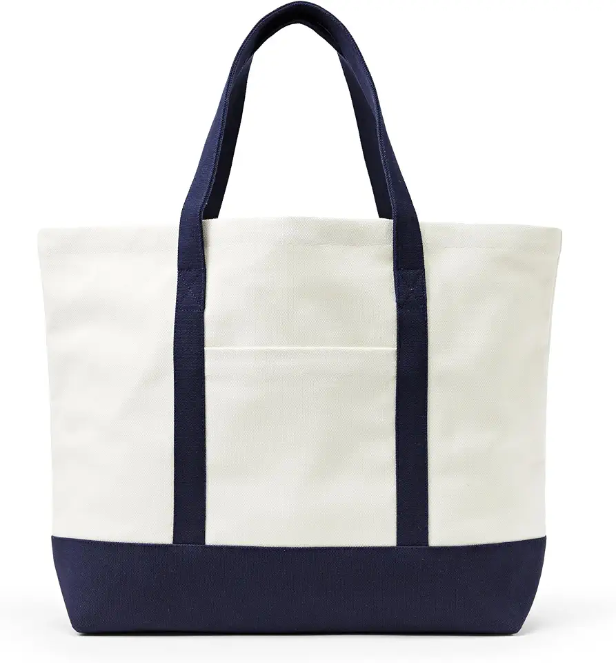 Amazon Essentials Unisex Adults' Large Heavy Duty Canvas Beach Tote Bag, Natural/Navy, One Size