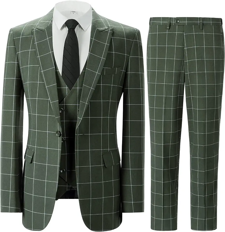 Casual Men's Suits Regular Fit 3 Pieces Double Breast Lightweight Plaid Tuxedos Business Blazer+Vest+Pants