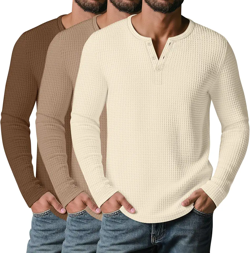 3 Pack Men's Waffle Henley Long Sleeve Casual Shirts