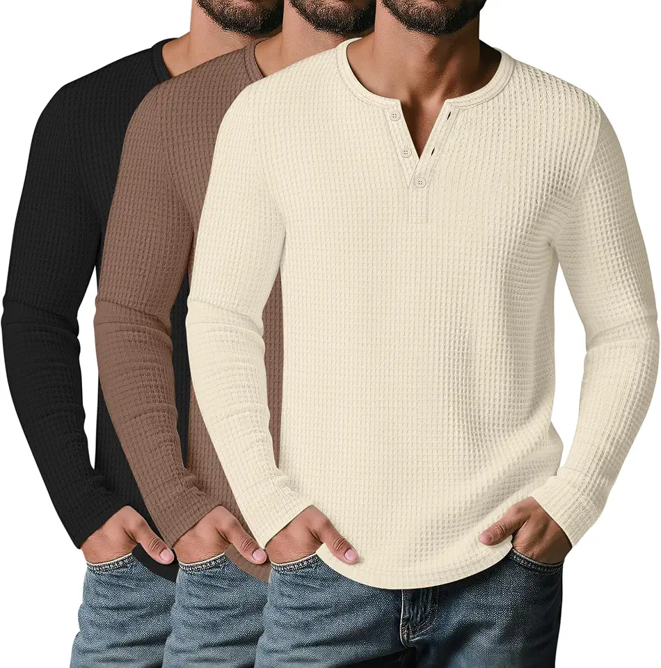 3 Pack Men's Waffle Henley Long Sleeve Casual Shirts