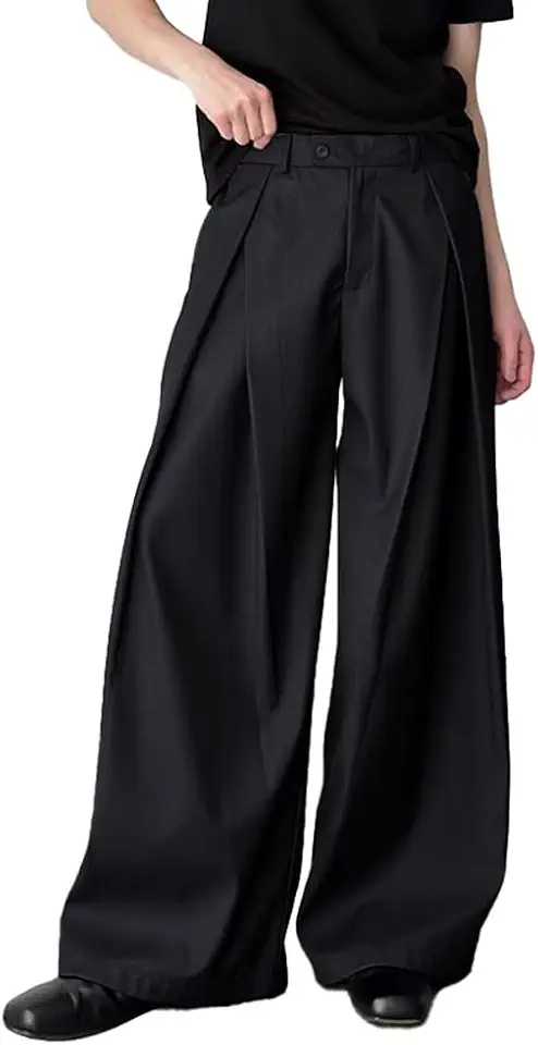 THWEI Men's Baggy Wide Leg Pants Zipper Fly Pleated Trousers Casual Dress Pants with Pocket