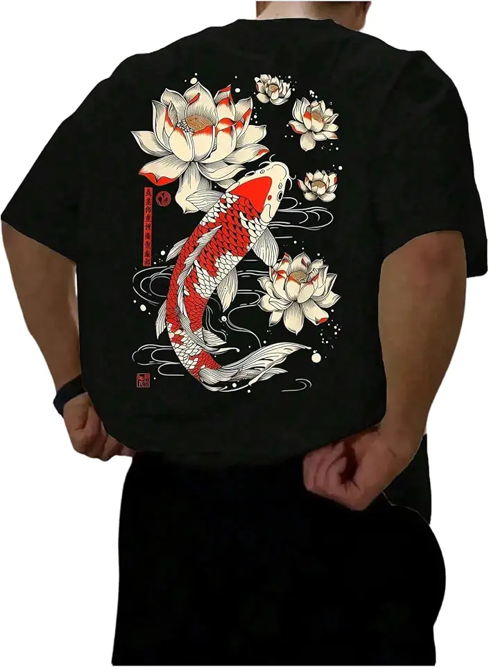 QJQ Men's Letter Graphic Tees Short Sleeve Crewneck T Shirts Trendy Streetear Tops Vintage Japanese Koi Shirts