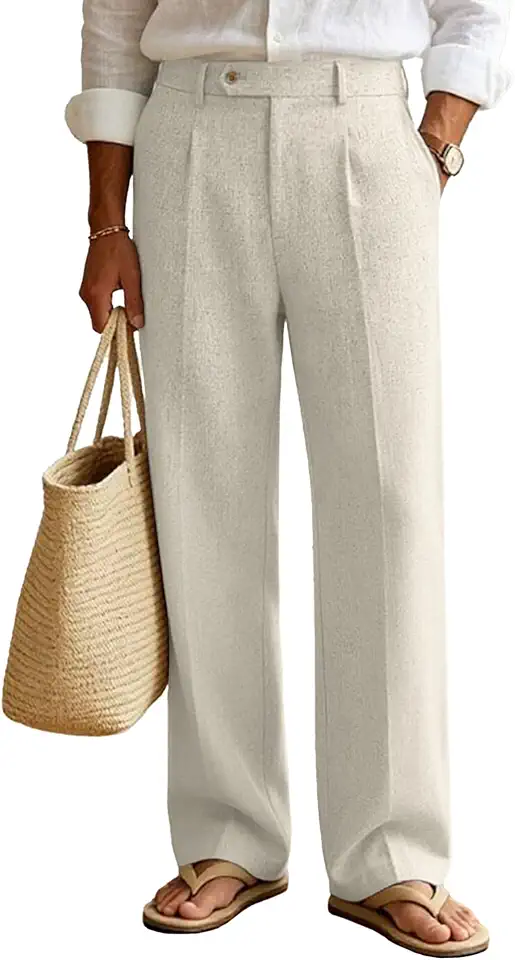 Susclude Mens Linen Casual Dress Pants Old Money Pleated Wide Leg Baggy Vintage Relaxed Fit Slacks Work Office Trousers