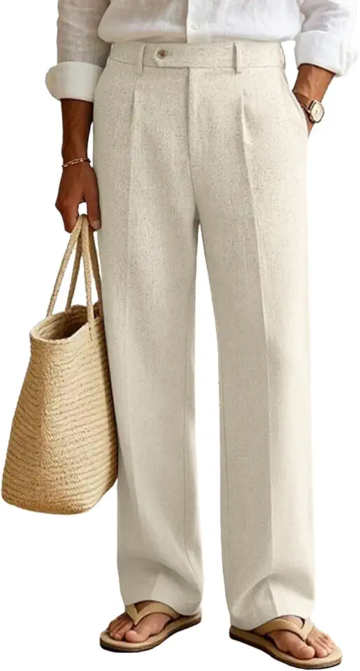 Susclude Mens Linen Casual Dress Pants Old Money Pleated Wide Leg Baggy Vintage Relaxed Fit Slacks Work Office Trousers