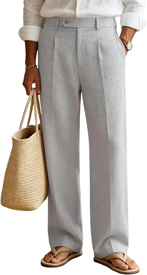 Susclude Mens Linen Casual Dress Pants Old Money Pleated Wide Leg Baggy Vintage Relaxed Fit Slacks Work Office Trousers