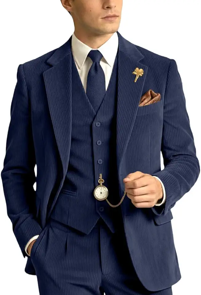 Retro Corduroy Mens Suit 3 Piece Set Slim Fit Men Blazer Vest Pants Sets