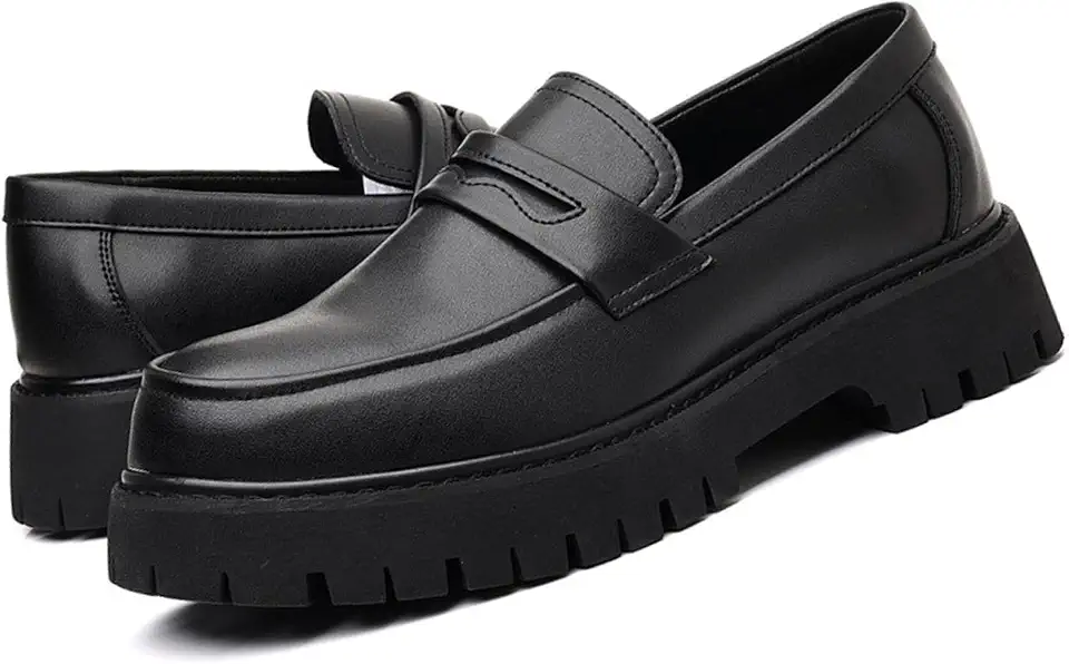 Men's Soft Leather Platform Chunky Loafers, Fashionable Business Casual Penny Dress Shoes, Non-Slip Lug Sole Slip-on Loafers