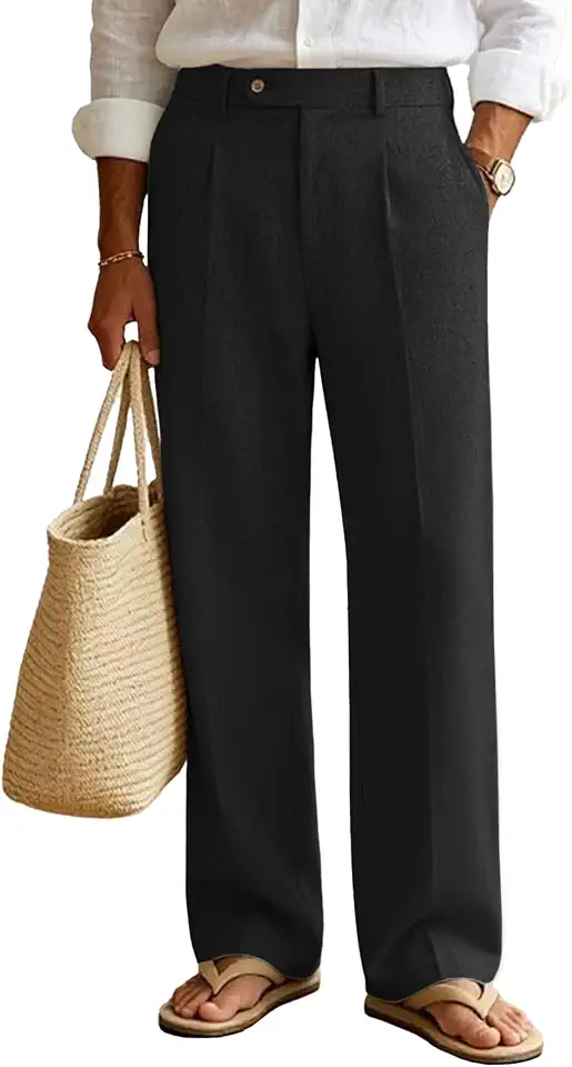 Susclude Mens Linen Casual Dress Pants Old Money Pleated Wide Leg Baggy Vintage Relaxed Fit Slacks Work Office Trousers