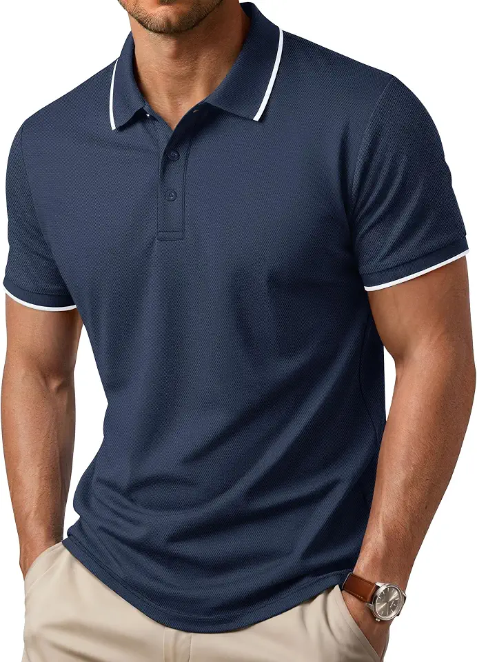 Cotrasen Mens Polo Shirts Short Sleeve Cotton Pique Dual Tipped Collar