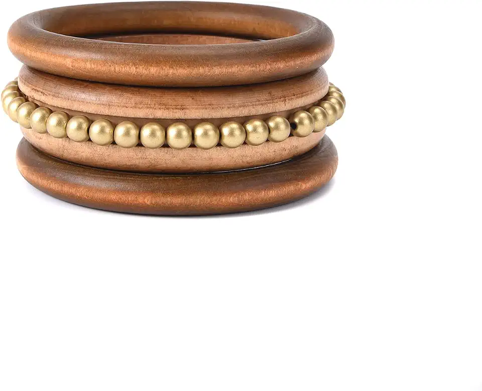Eco-Friendly Wooden Bracelet, Hypoallergenic, Suitable for Both Men and Women, Handcrafted Natural Brown Wood, Wooden Bracelet Stackable Stylish and Distinctive Bohemian Style, Decorated Brass Beads,Bracelets Come in Vibrant Rose Red and Blue Colors.