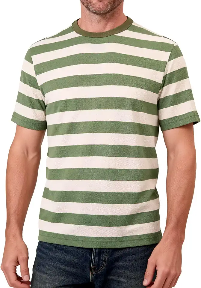 Mens Striped T Shirt Textured Pique Crewneck Fitted Casual Tee, Breathable Moisture Wicking Knit Summer Top, Regular Fit