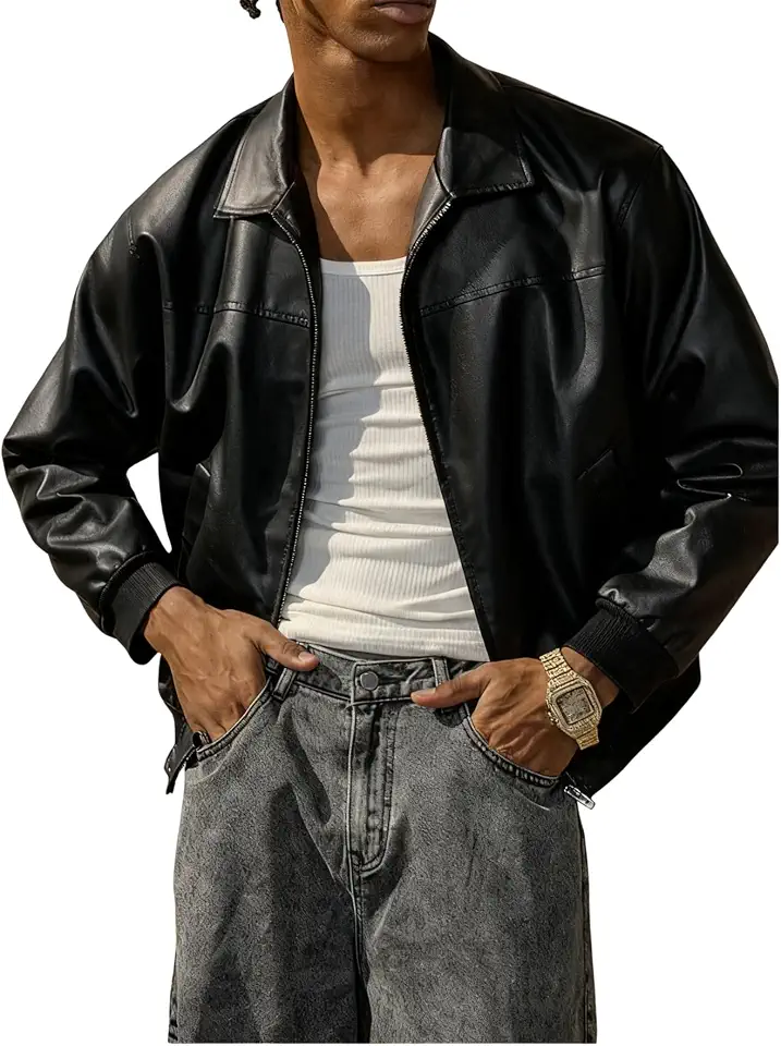 Verdusa Men's Leather Jacket Zip Up Collared Bomber Jackets with Pockets