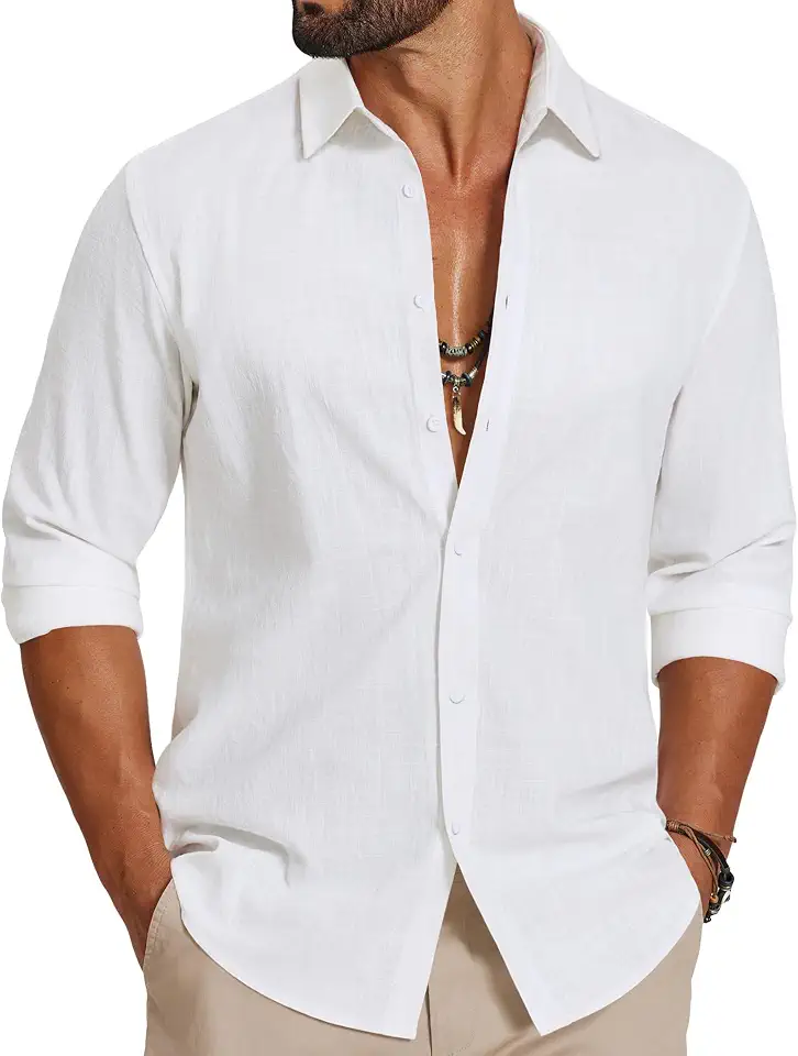 Global Recycled Standard COOFANDY Men's Casual Button Down Shirts Long Sleeve Cotton Beach Wedding Shirt Summer Linen Shirt for Men