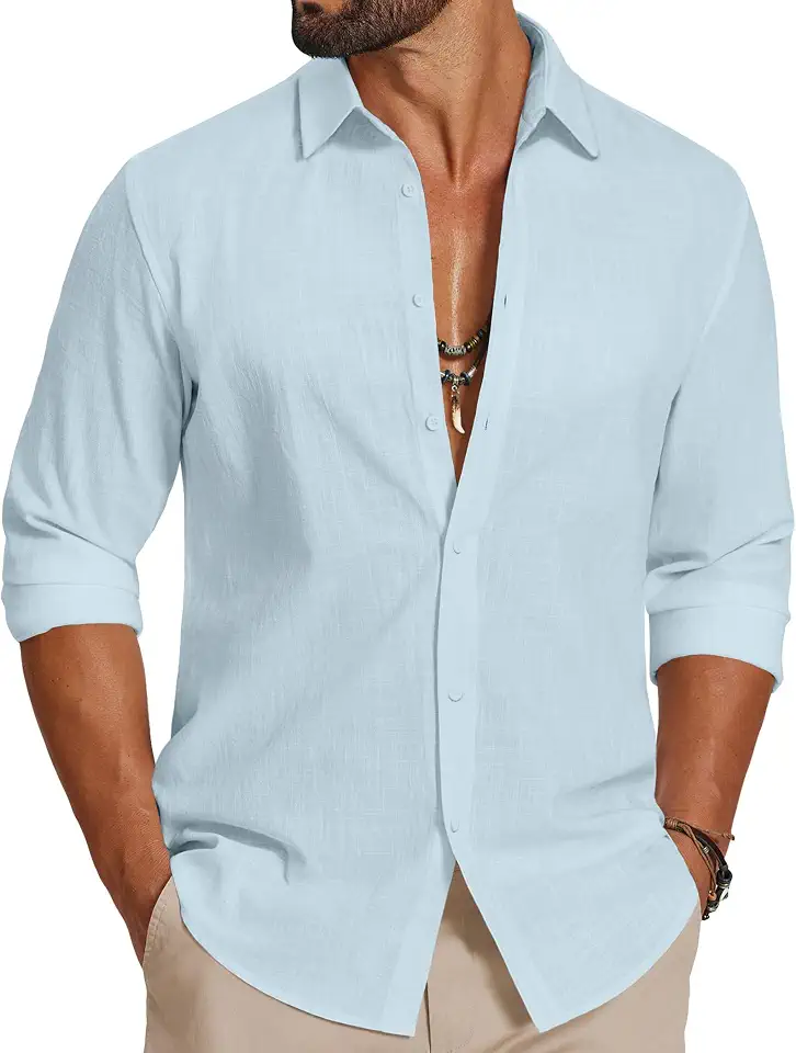 Global Recycled Standard COOFANDY Men's Casual Button Down Shirts Long Sleeve Cotton Beach Wedding Shirt Summer Linen Shirt for Men