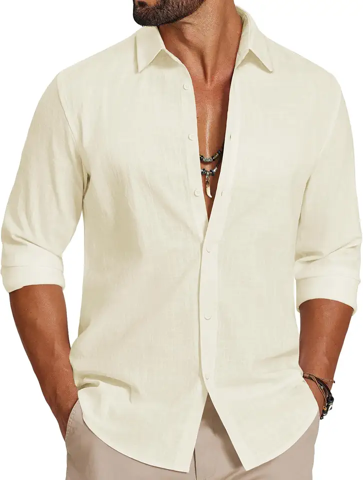 Global Recycled Standard COOFANDY Men's Casual Button Down Shirts Long Sleeve Cotton Beach Wedding Shirt Summer Linen Shirt for Men