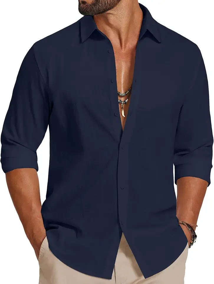 Global Recycled Standard COOFANDY Men's Casual Button Down Shirts Long Sleeve Cotton Beach Wedding Shirt Summer Linen Shirt for Men