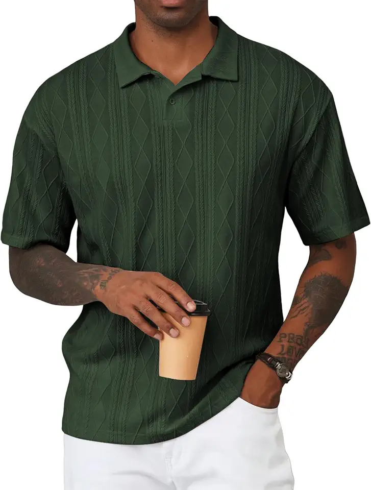 Global Recycled Standard JMIERR Mens Polo Shirt Textured Knit Button Casual Short Sleeve Summer Vacation Beach Stretchy Golf Shirts