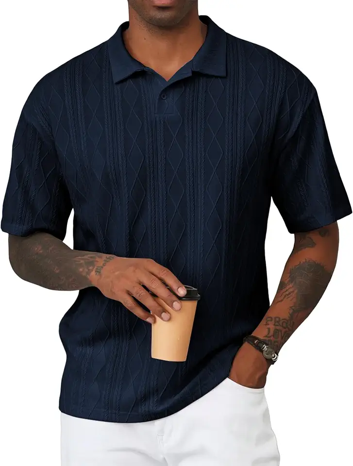 Global Recycled Standard JMIERR Mens Polo Shirt Textured Knit Button Casual Short Sleeve Summer Vacation Beach Stretchy Golf Shirts