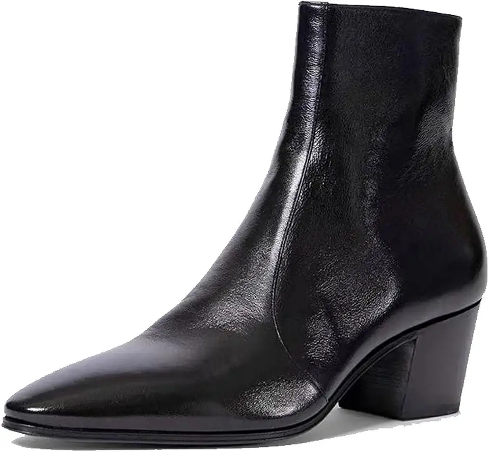 Santimon Men's Genuine Leather Ankle Chelsea Boots - Fashion Pointed Toe Side-Zip Dress Wetsern Boots with Block/Cuban Heel for Business,Wedding, Party & Night Out