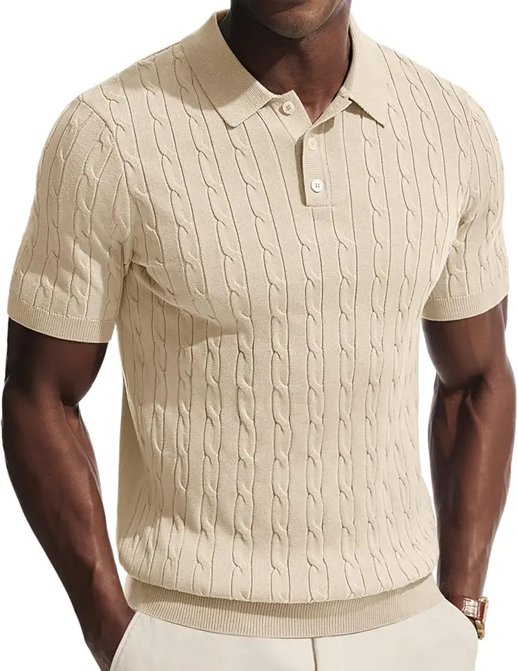 PJ PAUL JONES Men's Polo Shirts Short Sleeve Textured Cable Knit Shirts Casual Stretchy Golf Polo Stylish Old Money Tops