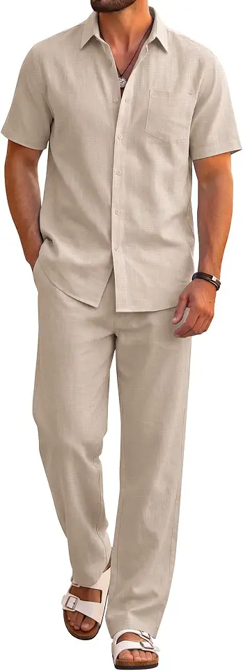 Global Recycled Standard COOFANDY 男款 2 件組 海灘服裝 棉質 短袖 鈕扣 襯衫 寬鬆 褲子 夏季 度假 休閒 服裝