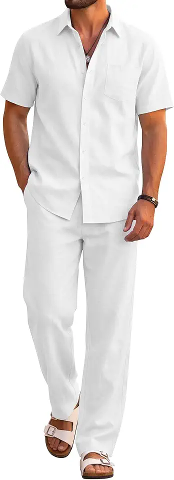 Global Recycled Standard COOFANDY 男款 2 件組 海灘服裝 棉質 短袖 鈕扣 襯衫 寬鬆 褲子 夏季 度假 休閒 服裝