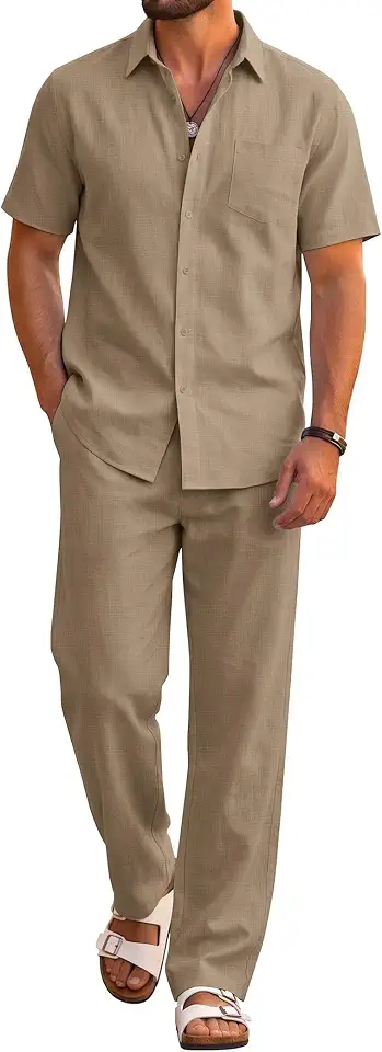 Global Recycled Standard COOFANDY Men's 2 Piece Sets Beach Outfits Cotton Short Sleeve Button Down Shirts Loose Pants Summer Vacation Casual Outfits