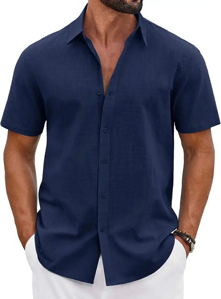 Global Recycled Standard COOFANDY Mens Button Down Shirts Short Sleeve Casual Shirt Cotton Summer Beach Linen Wedding Shirts