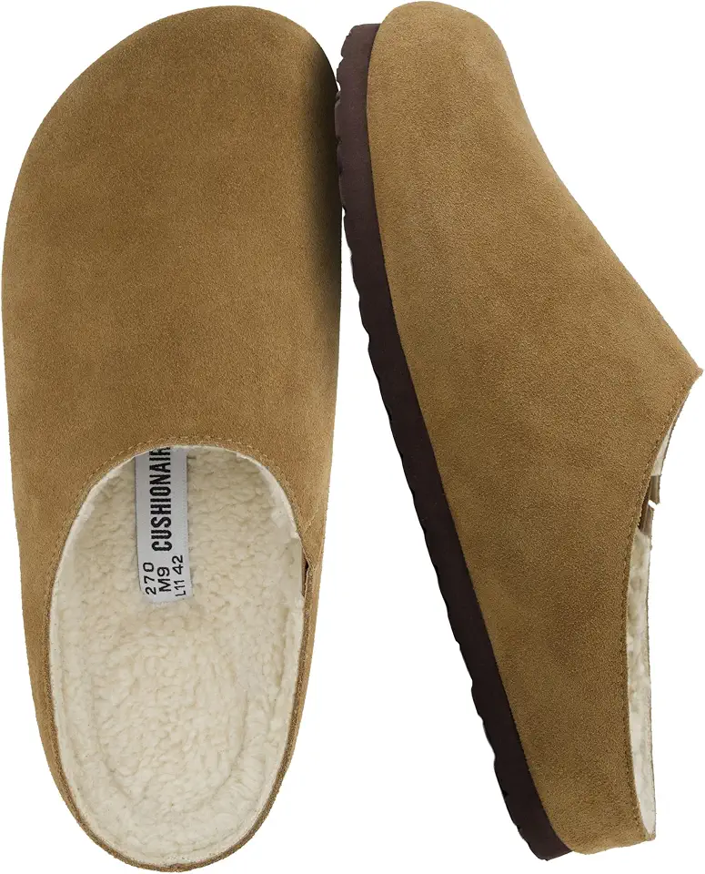 CUSHIONAIRE Heath Genuine Suede Cozy Mens Slippers – Faux Fur Clog House Shoes with Memory Foam, Indoor Outdoor Slippers for Men