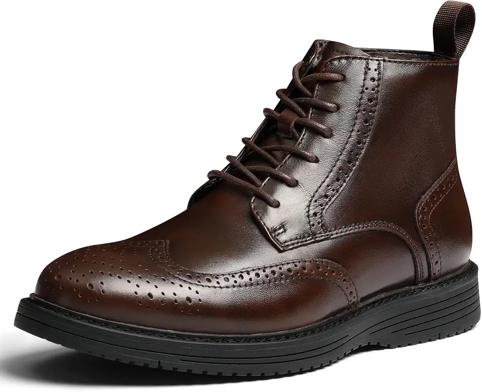 Mens Dress Boots, Genuine Leather Brogue Wingtip Mens Casual Oxford Boots with Side Zipper, Comfortable Formal Lace Up Chukka Ankle Boot for Men