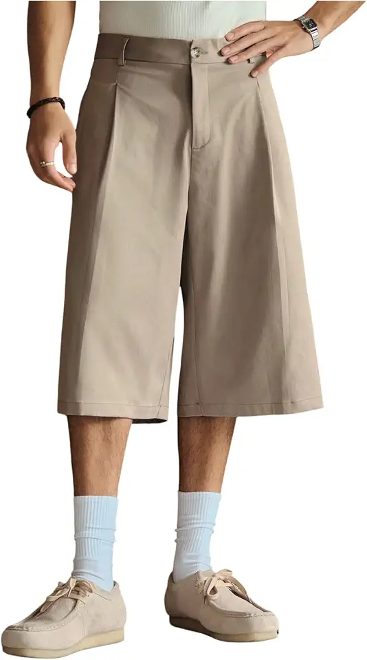 OYOANGLE Men's Pleat Front Baggy Shorts Zipper Fly Wide Leg Dress Shorts with Pockets