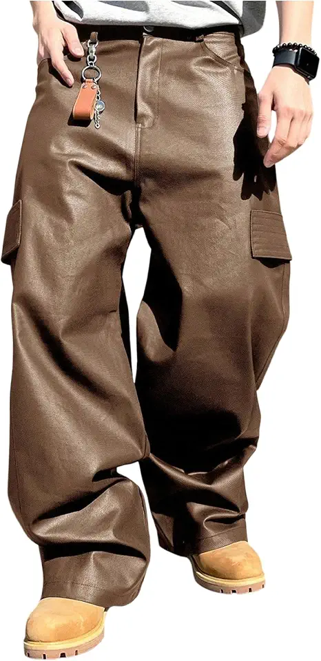 GORGLITTER Men's Baggy Leather Pants Y2K Wide Leg Cargo Pants with Pockets Streetwear