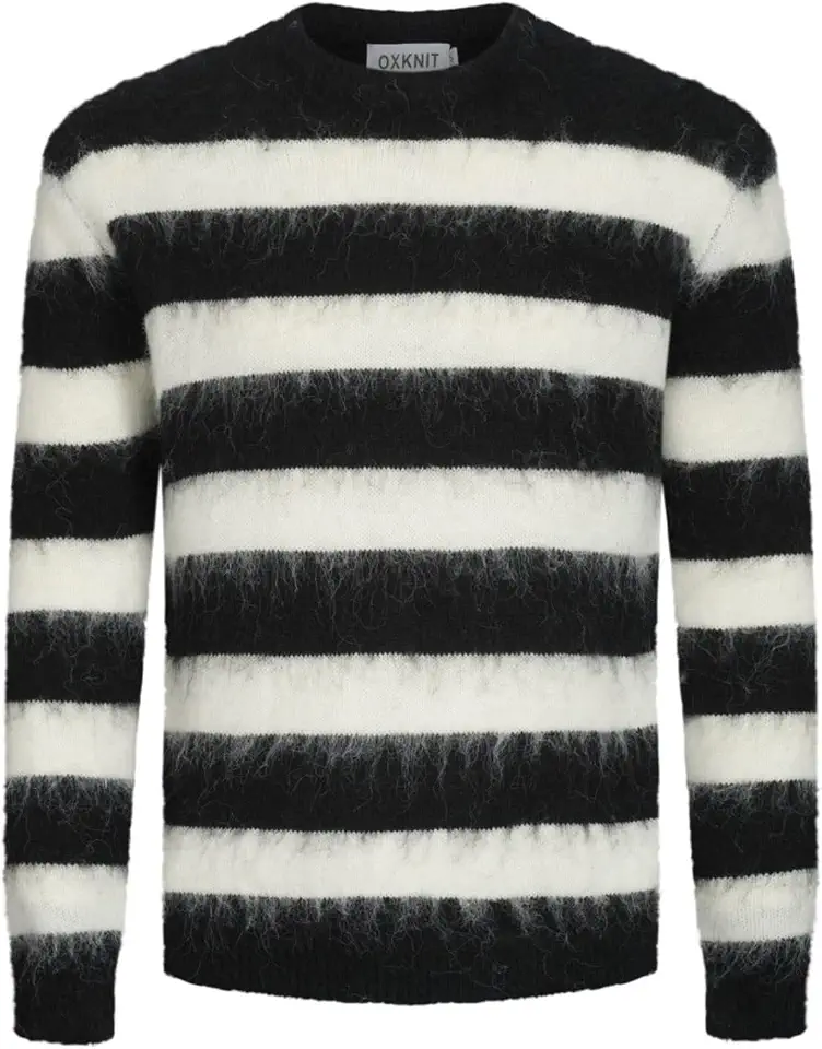 OXKnit Men's Knitted Long Sleeve Shirts, 1960s Mod Style Retro White and Black Stripes Crewneck Pullover Shirt Sweater