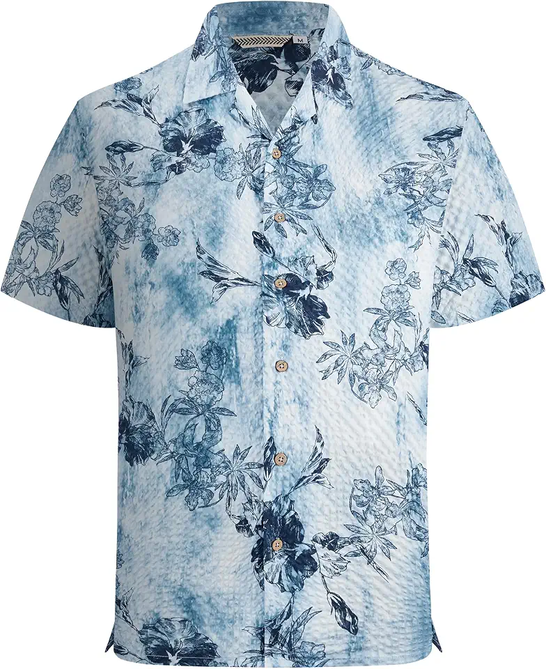 Alex Vando Mens Seersucker Button Down Short Sleeve Summer Beach Shirts | Puckered airy weave,Cuban camp collar,Side slits,Relaxed cut,Resort&Travel