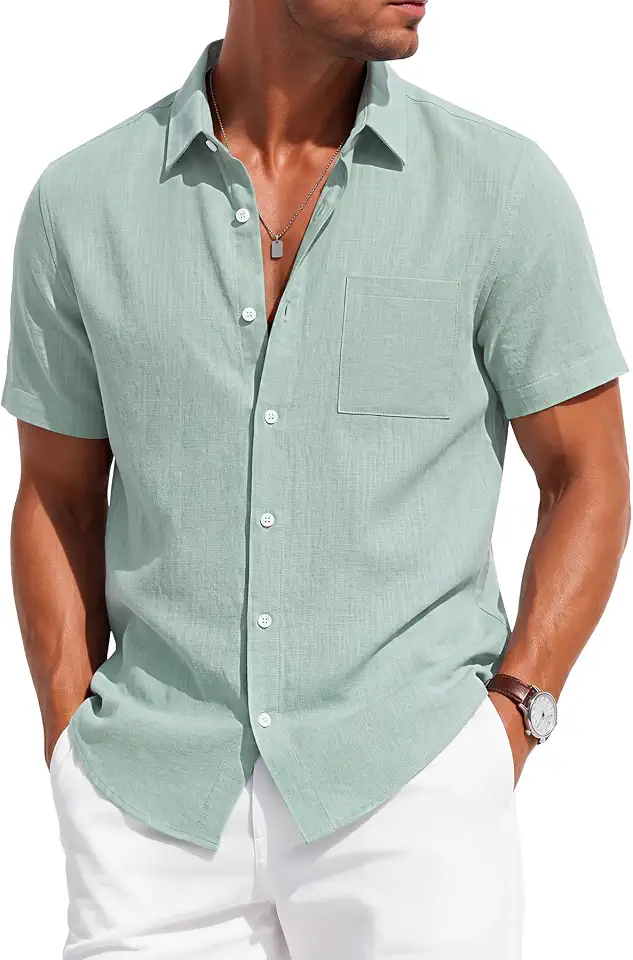 KYKU Men's Cotton Linen Shirt Short Sleeve Button Down Casual Summer Shirt