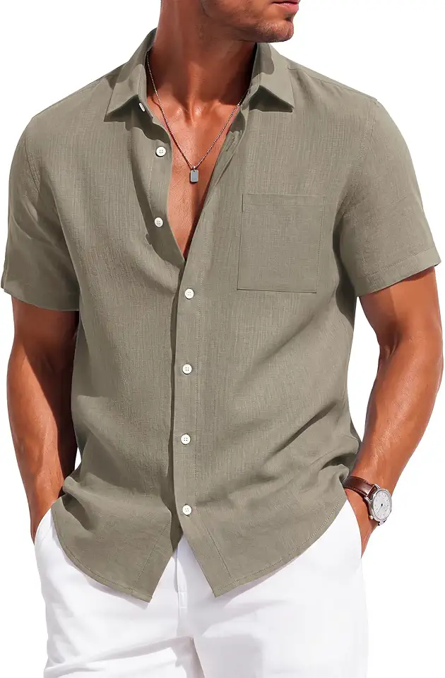 KYKU Men's Cotton Linen Shirt Short Sleeve Button Down Casual Summer Shirt