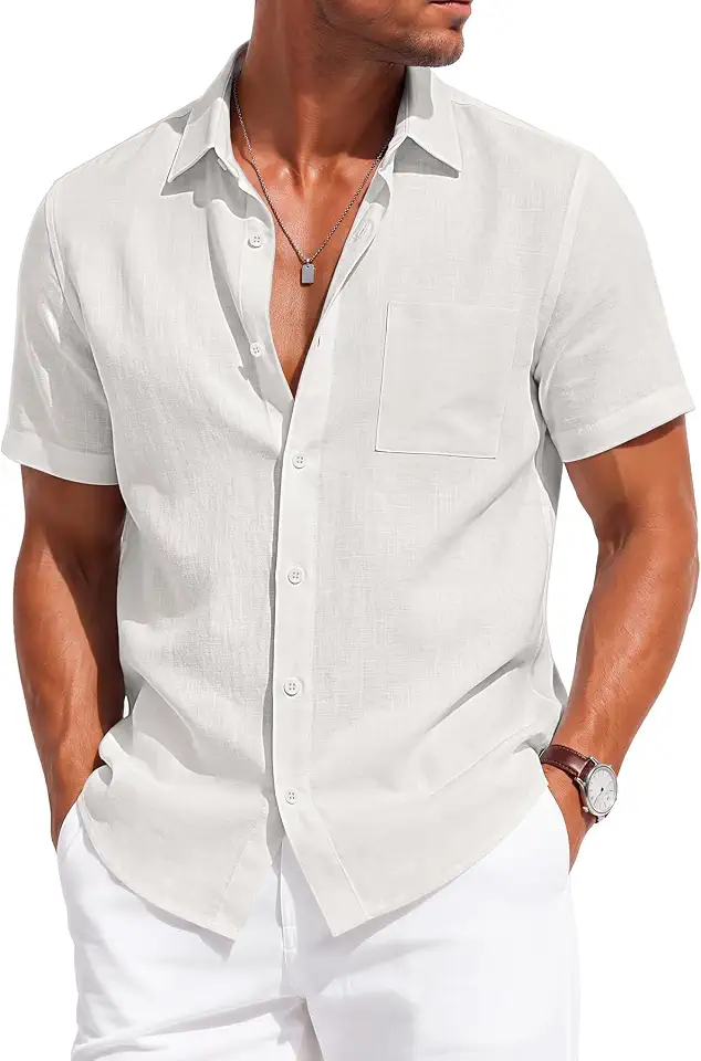 KYKU Men's Cotton Linen Shirt Short Sleeve Button Down Casual Summer Shirt